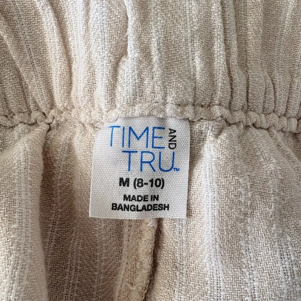 Time and Tru Linen Blend Shorts Medium Beige Striped Neutral Coastal Summer - Picture 4 of 5